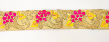 Beige Art Silk Fabric Trim with Floral Embroidery in Yellow, Gold and Fuchsia, Flower Embroidered Trim